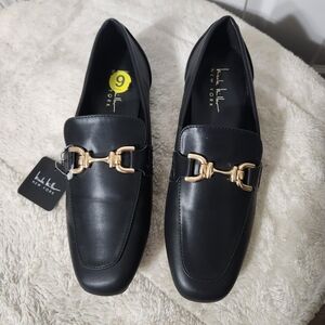 Nicole Miller "Sorin" Black Loafers with Gold Accents